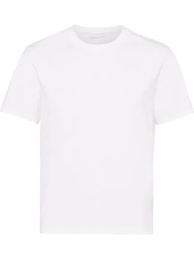 Prada Logo Embroidered Cotton T Shirt In White