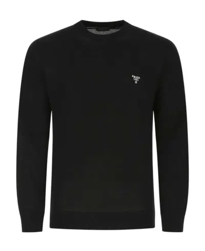 Prada Logo Embroidered Crewneck Jumper In Black