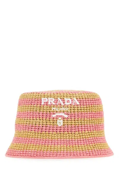 Prada Logo Embroidered Crochet Bucket Hat In Multi