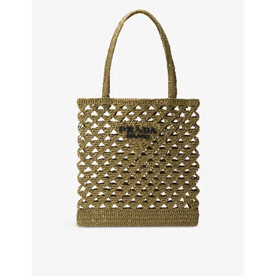 Prada Logo-embroidered Crochet Tote Bag In Green