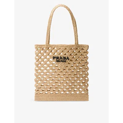Prada Crochet Logo Shopping Bag Tote Bag Beige In Neutral