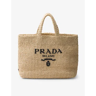 PRADA WOMENS NEUTRAL LOGO-EMBROIDERED CROCHET TOTE BAG
