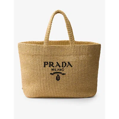 Prada Womens Neutral Logo-embroidered Crochet Tote Bag In Brown