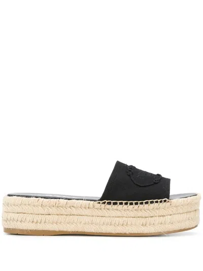 Prada Logo Embroidered Espadrille Slides In Black
