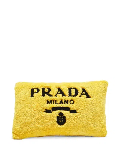 Pre-owned Prada Logo Embroidered Fleece Cushion In Yellow