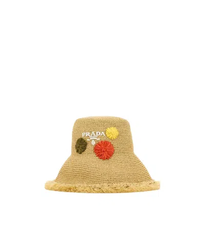 Prada Embellished Floral Raffia Hat With Frayed Edge In Nude