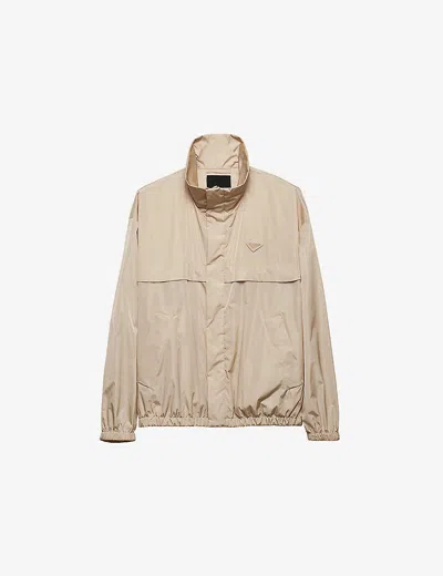 Prada Mens Neutral Logo-embroidered Funnel-neck Nylon Jacket