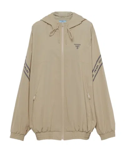 Prada Logo-embroidered Hooded Jacket In Brown
