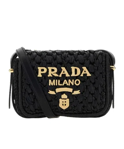Prada Logo-embroidered Interwoven Shoulder Bag In Black