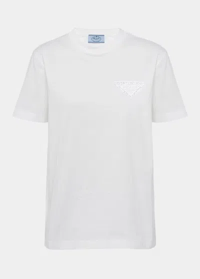 Prada Logo-embroidered Jersey T-shirt In F0009 Bianco
