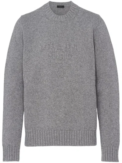 Prada Melange Grey Stretch Cashmere Blend Sweater In Gray