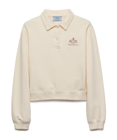 Prada Logo-embroidered Long-sleeved Polo Shirt In White