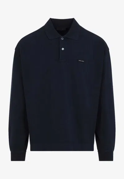 Prada Logo Embroidered Long-sleeved Polo T-shirt In Blue