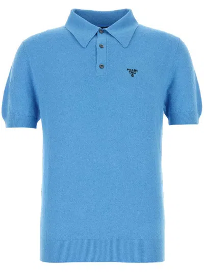 Prada Logo-embroidered Polo Shirt In Blue