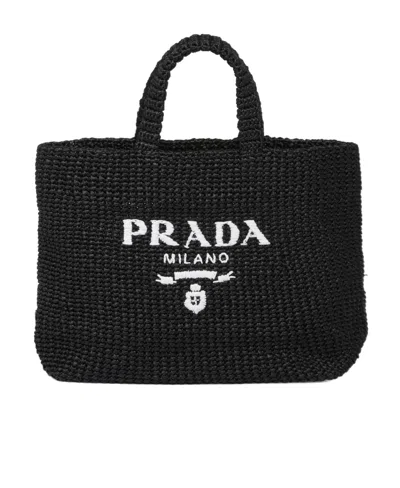 Prada Raffia Tote Bag In Black