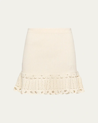Prada Logo-embroidered Rib Mini Skirt With Crochet Hem In Avorio