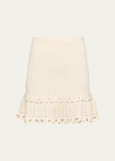 Prada Logo-embroidered Rib Mini Skirt With Crochet Hem In Neutral
