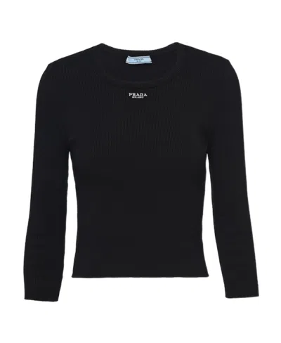 Prada Ribbed Logo-embroidered Slim Sweater In Black
