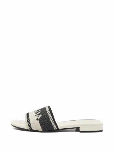 Pre-owned Prada Logo Embroidered Slides In White