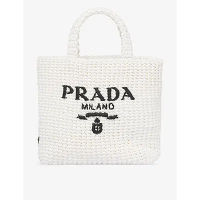 Prada Womens White Logo-embroidered Small Crochet Tote Bag