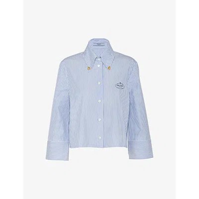 Prada Womens White Logo-embroidered Striped Slim-fit Cotton-blend Shirt In Stripped