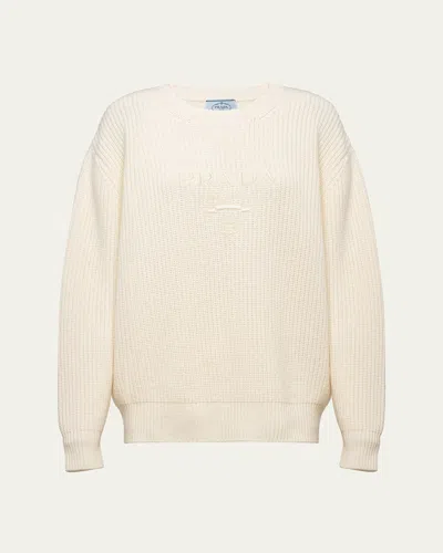 Prada Logo-embroidered Wool Cashmere Sweater In Bianco