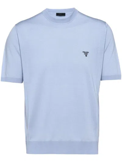 Prada Embroidered-logo Wool T-shirt In Light Blue