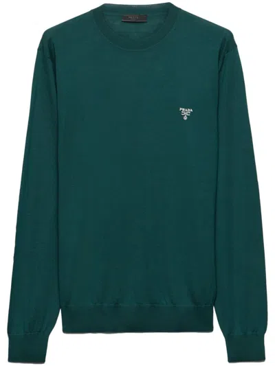 Prada Logo-embroidered Wool Jumper In Grün