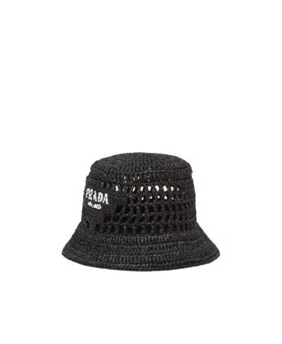 Prada Logo-embroidered Woven Bucket Hat In Black