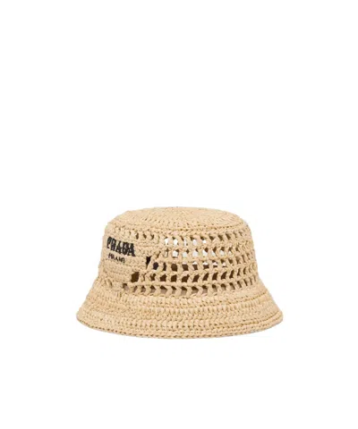 Prada Logo-embroidered Woven Raffia Hat In Neutral Color