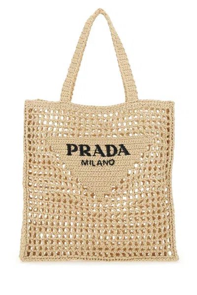 Prada Logo Embroidered Woven Tote Bag In Naturale