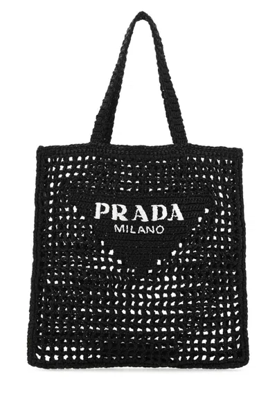 Prada Logo Embroidered Woven Tote Bag In Nero