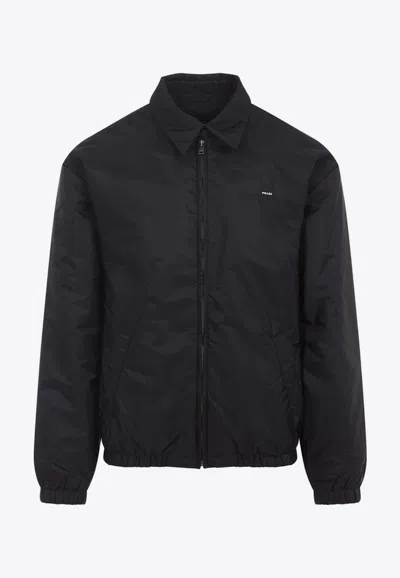 Prada Logo Embroidered Zip-up Jacket In Black