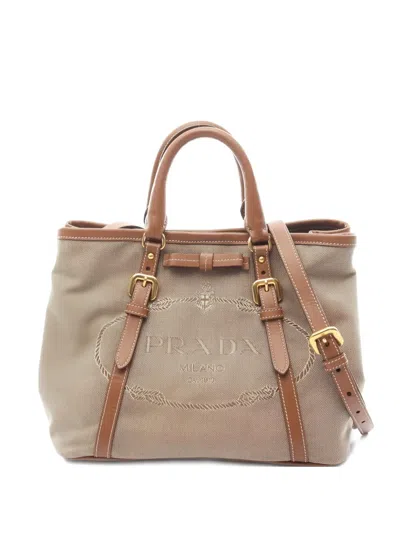 Pre-owned Prada Logo-embroidery Jacquard Tote Bag In Neutral