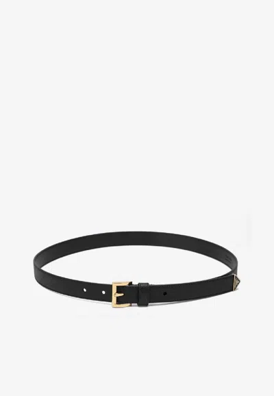 Prada Saffiano Leather Belt With Enameled Triangle Logo In Black
