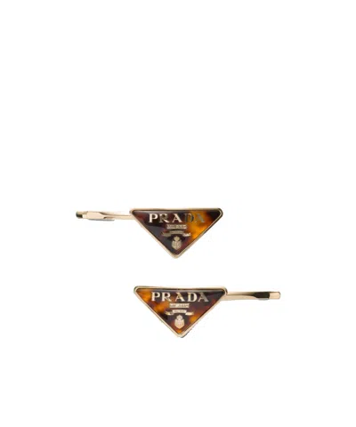 Prada Womens Neutral Logo-plaque Gold-toned Metal Hair Clips Set Of Two