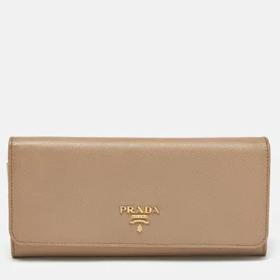 Pre-owned Prada Logo Flap Beige Saffiano Metal Leather Continental Wallet In Sand