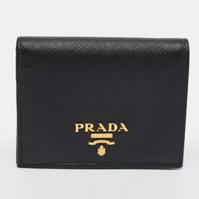 Pre-owned Prada Logo Flap Black Saffiano Lux Leather Card Case