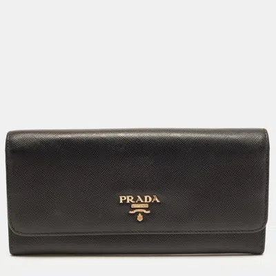Pre-owned Prada Logo Flap Black Saffiano Lux Leather Continental Wallet