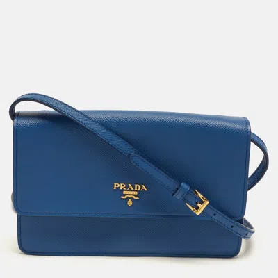 Pre-owned Prada Logo Flap Blue Saffiano Lux Leather Wallet On Chain