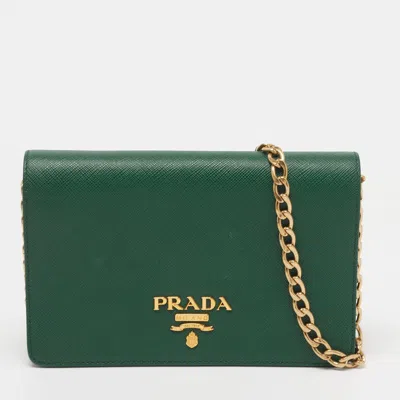 Pre-owned Prada Logo Flap Green Saffiano Lux Leather Wallet On Chain