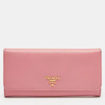 Pre-owned Prada Logo Flap Pink Saffiano Metal Leather Continental Wallet