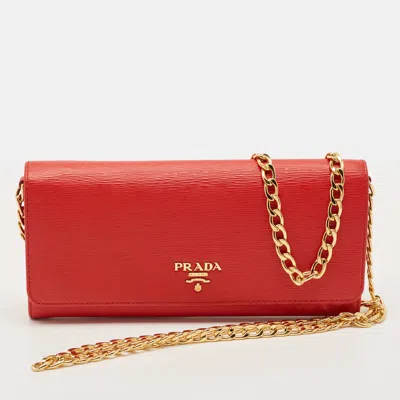 Pre-owned Prada Logo Flap Red Vitello Move Leather Wallet On Chain