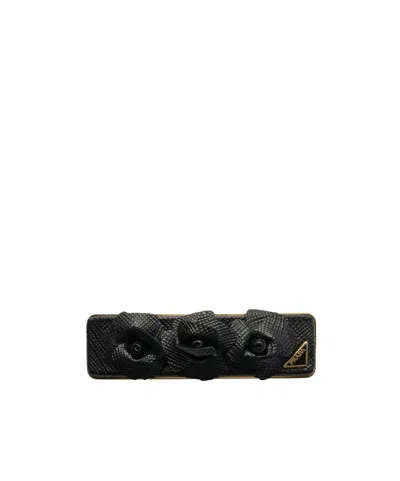 Prada Saffiano Leather And Metal Hair Clip In Black