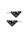 Prada Floral-print Hair Barrettes (set Of Two) In Black/light Blue