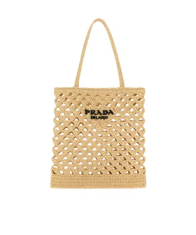Prada Crochet Logo Shopping Bag Tote Bag Beige In Neutral