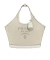 Prada Canvas Top Handle Shoulder Bag In Tan / White