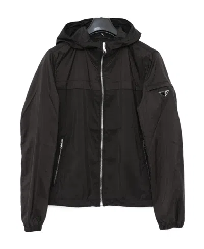 Prada Logo Hooded Casual Jacket In Black