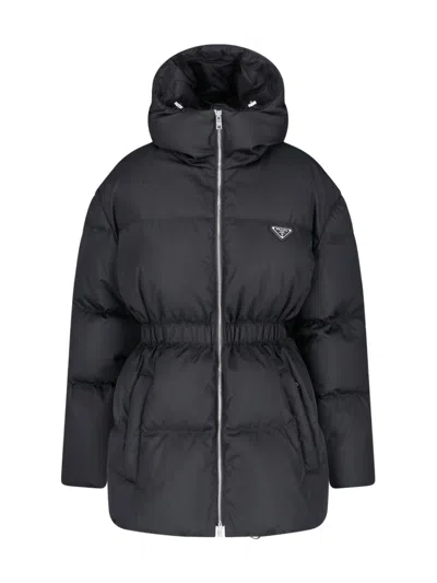 Prada Logo Hooded Down Jacket In Nero