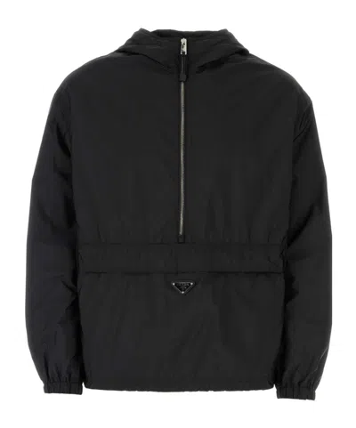 Prada Logo Hooded Jacket In Black